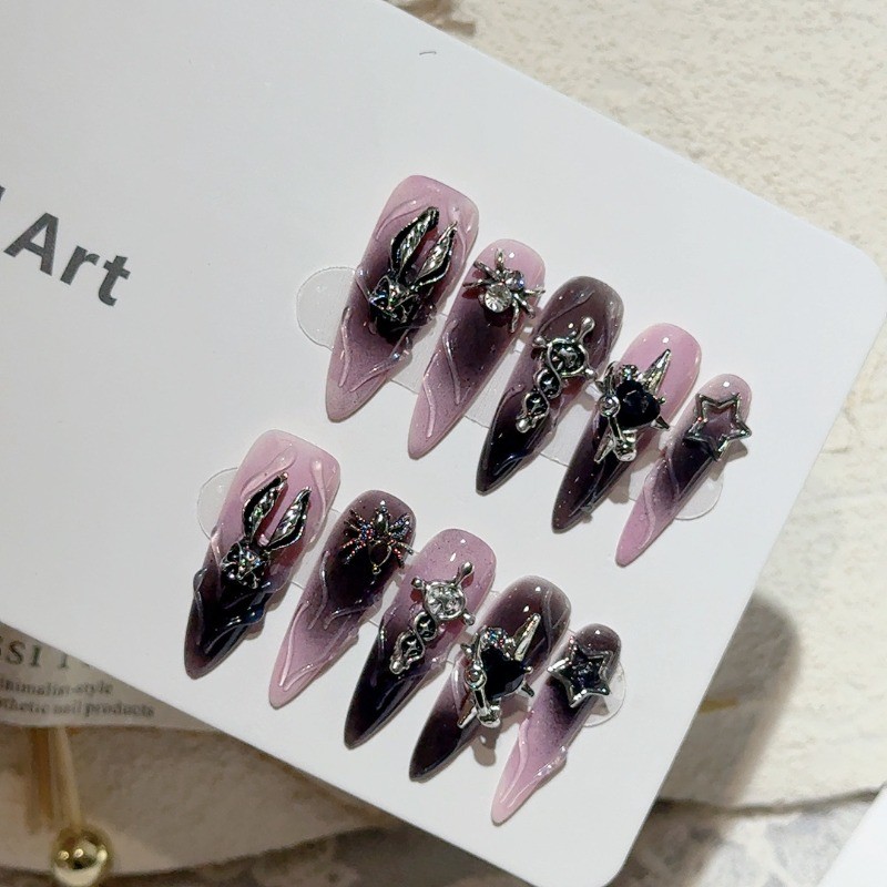 10 ชิ้น Y2k ฮาโลวีน Punk Dark Handmade กดบนเล็บสาวเผ็ดหวานเย็นกระต่าย Spider Star เล็บปลอมเล็บที่ถอดออกได้ ราคา ถูกที่สุด ดีลบีเคเค แกลเลอรีภาพที่ 2