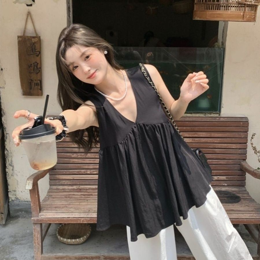 Imoveเสื้อกั๊กแขนกุดคอวีสีดําสําหรับผู้หญิงสไตล์เกาหลีเสื้อหลวมด้านบน