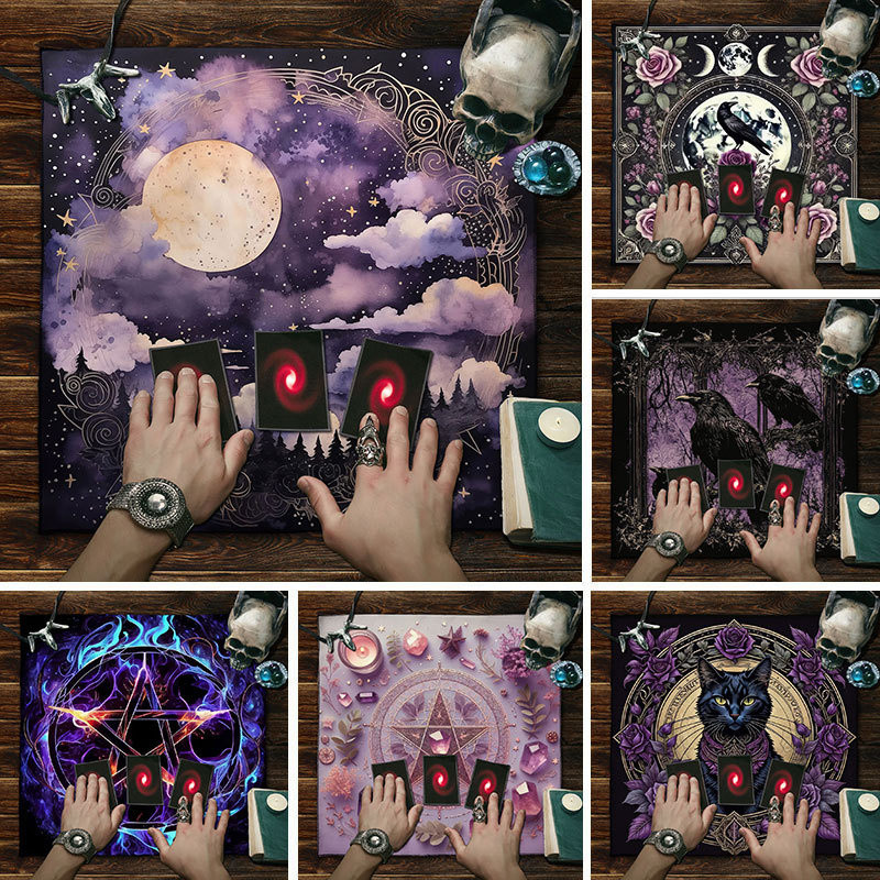 สีสัน Mandala แมวดําแท่นบูชาผ้าไพ่ทาโรต์ผ้าปูโต๊ะ Witchcraft Cat & Moon Starry Sky Divination ผ้าไพ่ทาโรต์ตกแต่งบ้าน