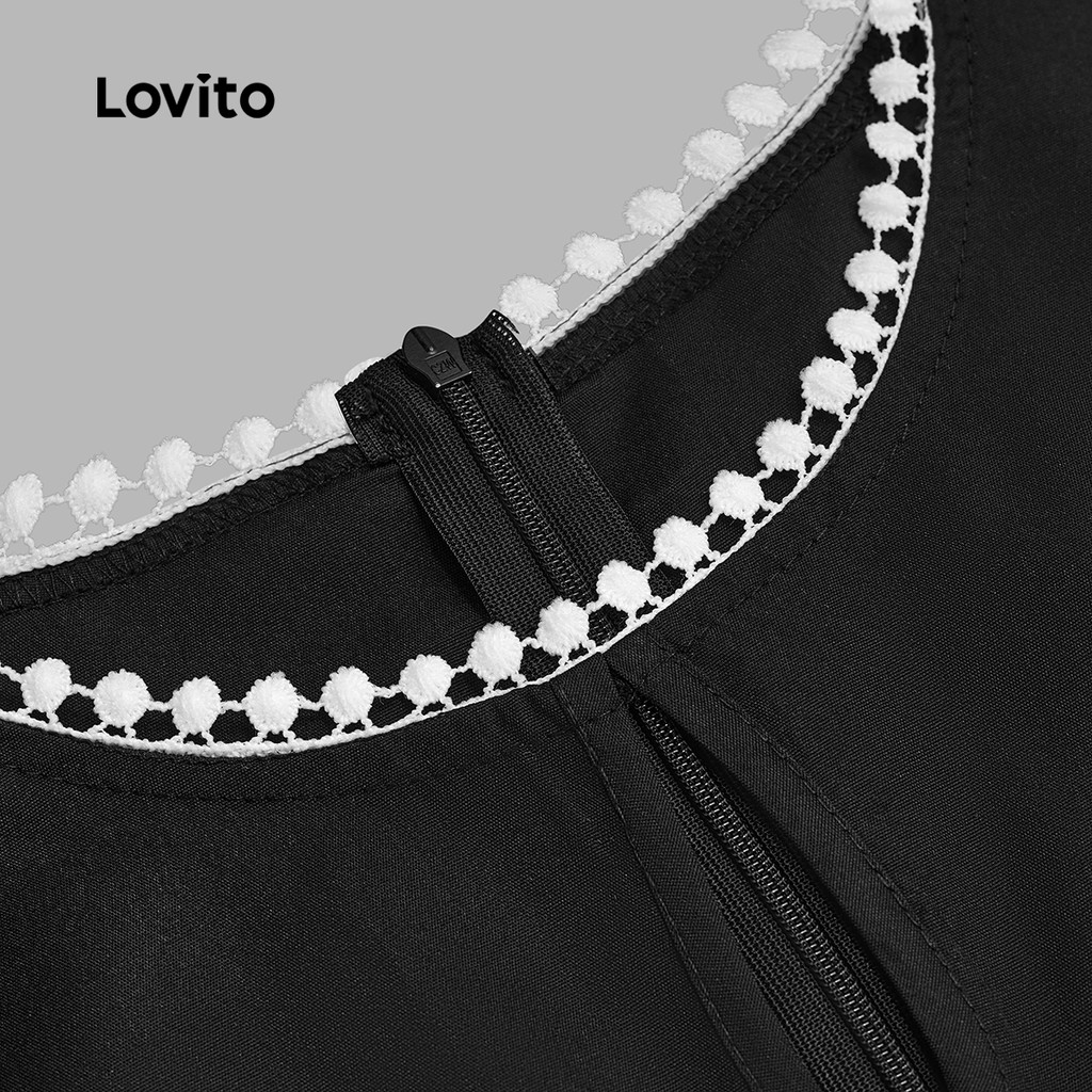 Lovito ชุดเดรสน่ารัก ลูกไม้โปร่ง จีบ เย็นสบาย เดรสสีดำ ฤดูใบไม้ผลิ/ฤดูร้อน สำหรับผู้หญิง L139AD235 - รูปที่ 3