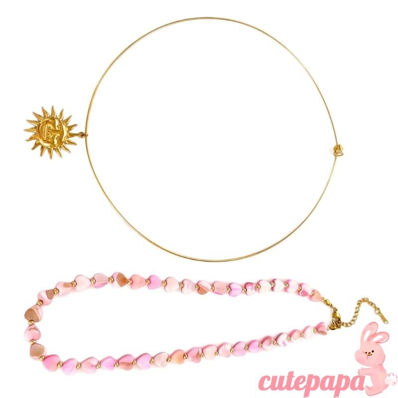 Cutep 2PCS สแตนเลสหัวใจลูกปัดสร้อยคอ Sun สร้อยคอชุดเครื่องประดับคอ