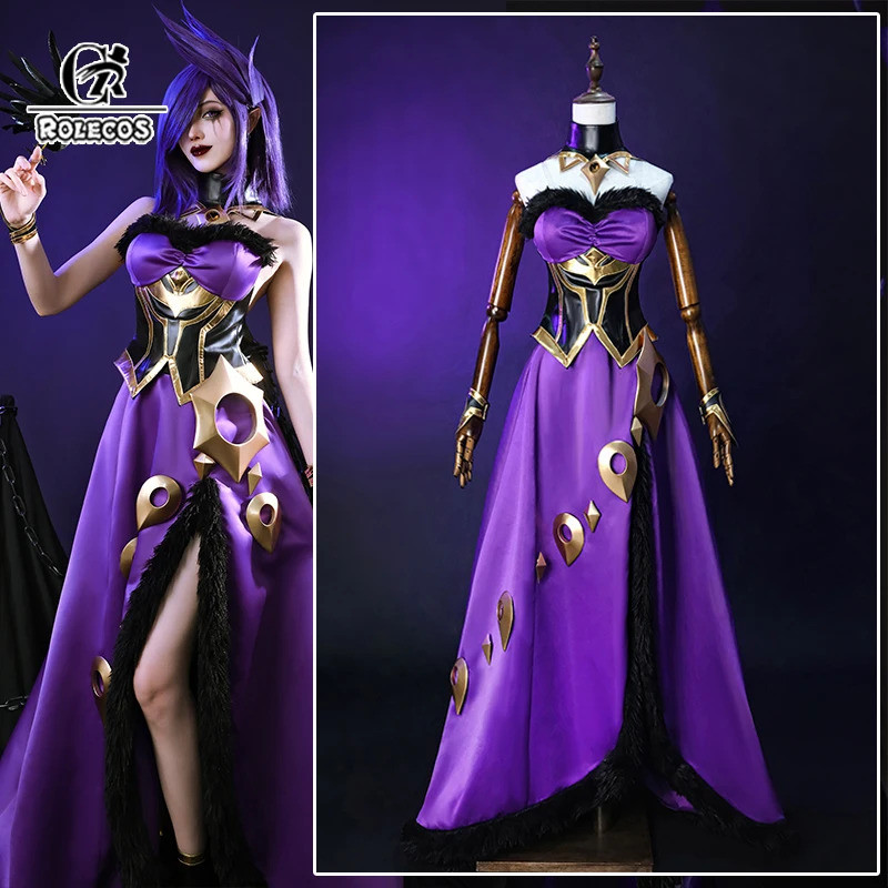 ROLECOS LOL The Fallen Morgana คอสเพลย์เครื่องแต่งกายเกม LOL Morgana สีม่วงชุดฮาโลวีนผู้หญิงชุดผิวให