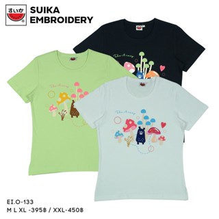 เสื้อแตงโม (SUIKA) - เสื้อยืดคอกลมเข้ารูป ปักลายเห็ดน้องหมี …