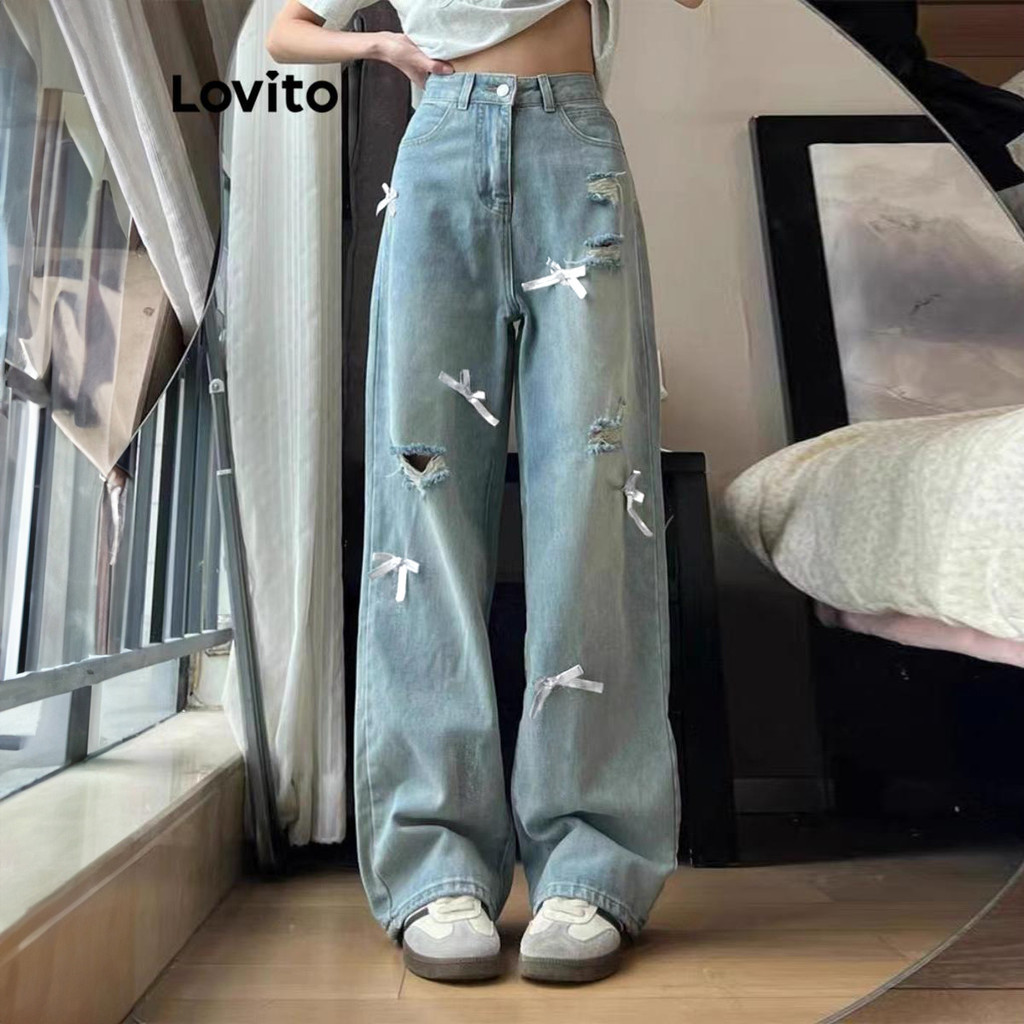 (KOL‘s pick) Lovito กางเกงยีนส์ลําลองกางเกงยีนส์โบว์ธรรมดาสําหรับผู้หญิง LNA73086