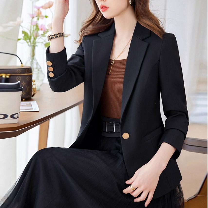 ดำ แจ็คเก็ต กระดุม สไตล์เกาหลี พ็อกเก็ต สีพื้น เสื้อแขนยาว เบลเซอร์ เสื้อคลุม