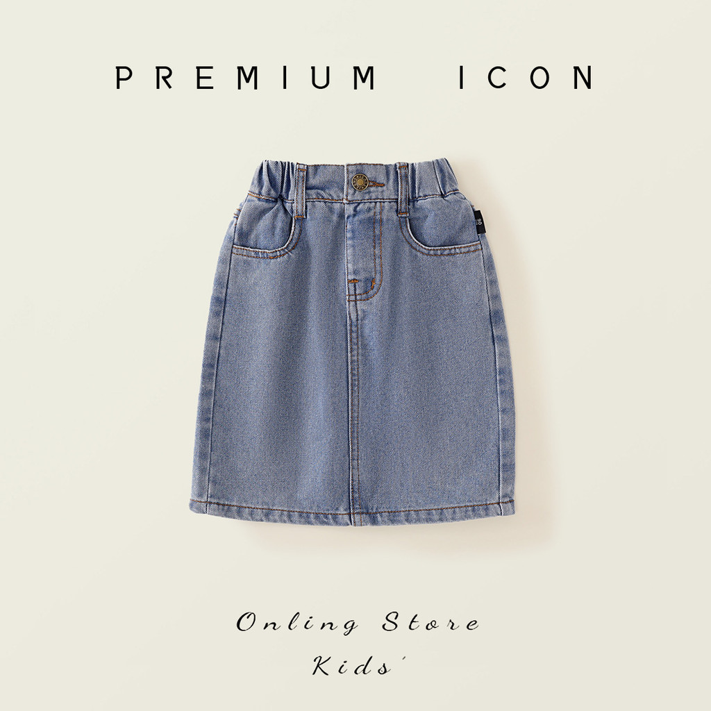 Olivia Kids พร้อมส่ง สาวรุ่นเกาหลีกระเป๋าสะโพกยีนส์กระโปรงครึ่งตัว