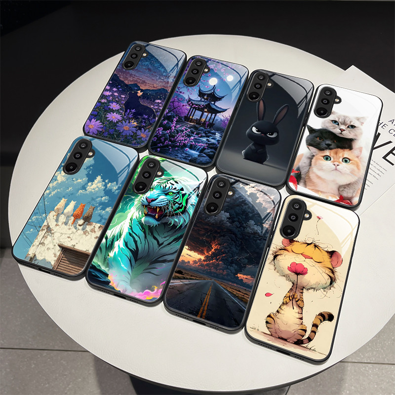 SAMSUNG รูปแบบใหม่กระจกนิรภัยกรณีสําหรับSamsung M16 5G SM-M166P/M56 5G SM-M566Bแฟชั่นสาวแมวน่ารักดอก