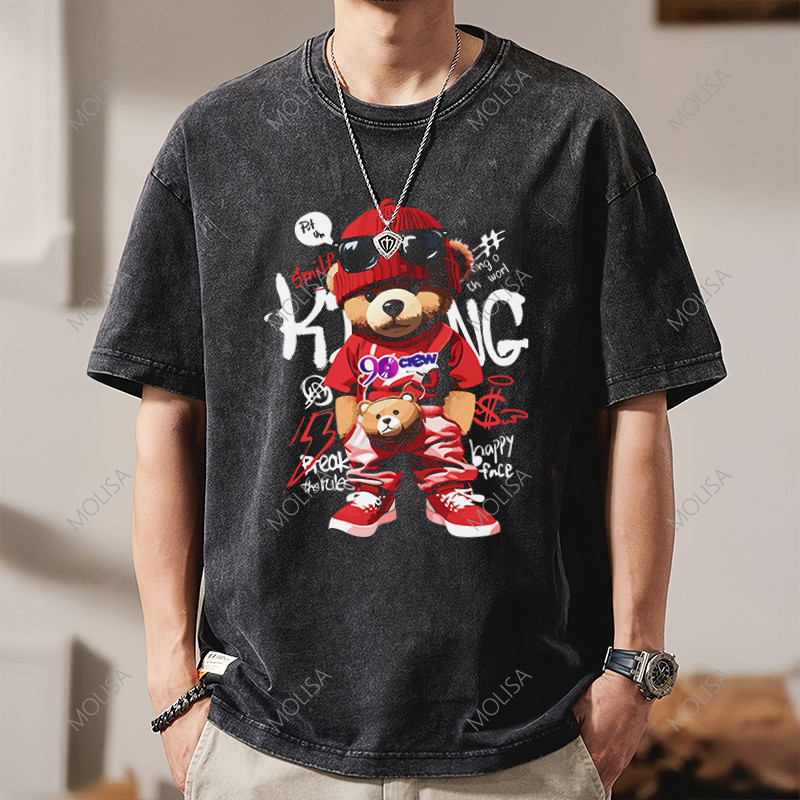 molisa เสื้อลายการ์ตูน ผ้าcotton100% เสื้อยืดคอกลม แขนสั้น เสื้อยืด สีดำ ผ้าฟอก ผู้ชาย 68075#