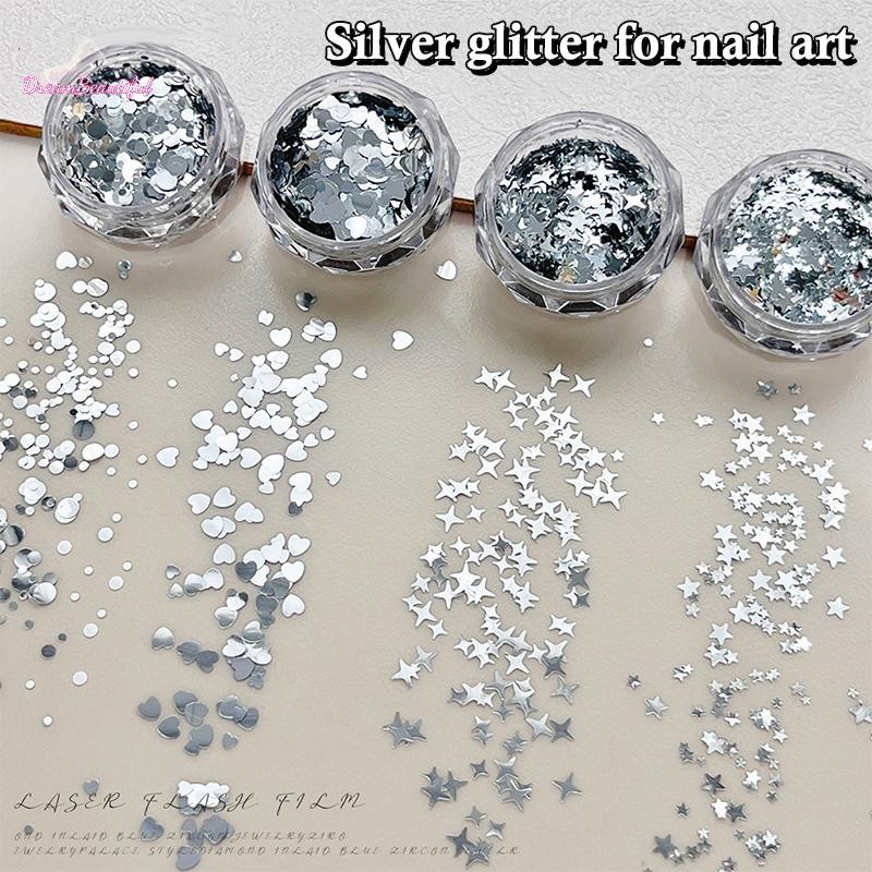 <DBFl-t> 1 กล่อง 3D Mini Round Heart Star Nail Art Charms เลื่อมเล็บ Flake Silvery เงา Charms อุปกรณ์เสริมใหม่