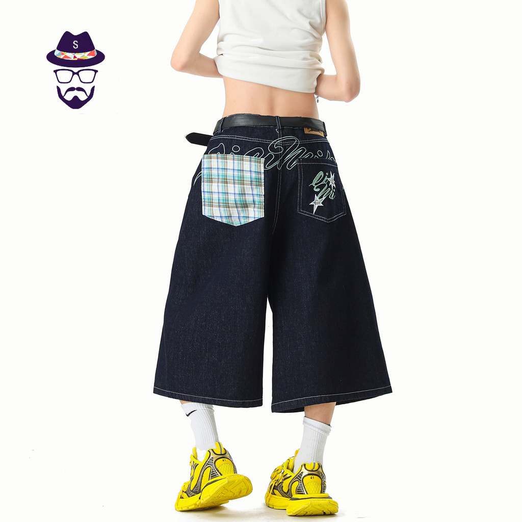 ONEs 16A5 K8996PG940 ปัก American High Street Cropped กางเกงยีนส์ขากว้างขาสั้น