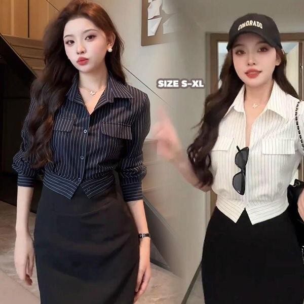 mimi&didi#เสื้อเชิ้ตลายทาง เสื้อครอปคอปกโปโล สไตล์ฝรั่งเศส เรียบหรู กระดุมแถวเดียว แขนยาว ดีไซน์สวย สำหรับผู้หญิง#W629