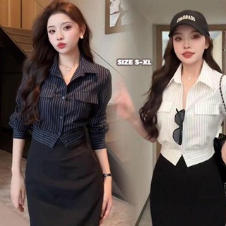 mimi&didi#เสื้อเชิ้ตลายทาง เสื้อครอปคอปกโปโล สไตล์ฝรั่งเศส เ…