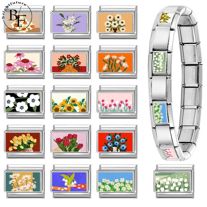 ดอกไม้ดอกทานตะวันอิตาเลี่ยน Charm สร้อยข้อมือ Fit 9 มม.สร้อยข้อมือสแตนเลส DIY เครื่องประดับทําอุปกรณ์เสริม Retro บุคลิกภาพโมดูลสร้อยข้อมืออุปกรณ์เสริม