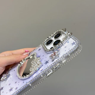 3Dการ์ตูนแมวกระจกโปร่งใสสีชมพูStar HardสําหรับiPhone 11 12 13 14 15 16 Pro MaxปลอกฝังRhinestoneรั้วขอบฝาครอบป้องกันการตกสําหรับiPhone11 กรณี