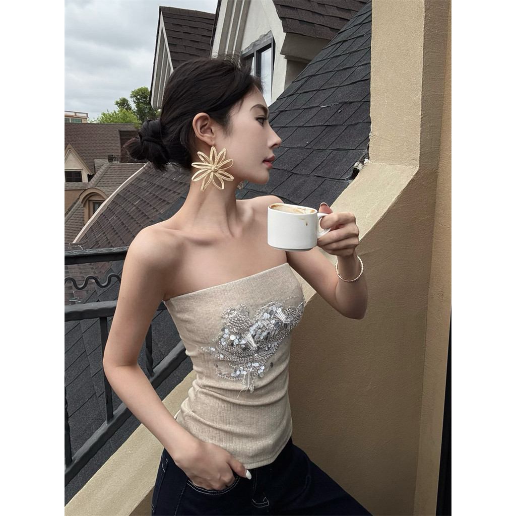 ผู้หญิงบริสุทธิ์ถักสวมใส่ด้านนอกราคาจริงแน่น Camisole TOP สไตล์อเมริกัน Desire Sequined Tube Top เสื