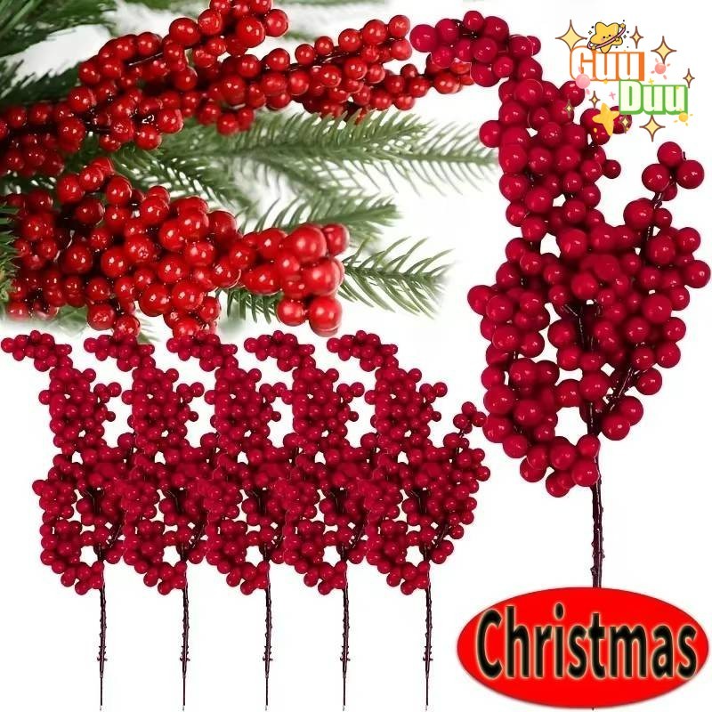 [ GuuDuu ] สาขาเบอร์รี่สีแดงคริสต์มาส - พืช Stamen - เครื่องประดับต้นคริสต์มาส - Holly Berry ประดิษฐ์ - ตกแต่งบ้านปาร์ตี้คริสต์มาส