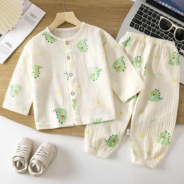 ชุดนอนการ์ตูน kiki baby shop ชุดนอนแขนสั้น ชุดนอนเด็กชุดผ้าก๊อซใส่ในบ้านชุดนอนผ้าฝ้าย100% สำหรับเด็ก