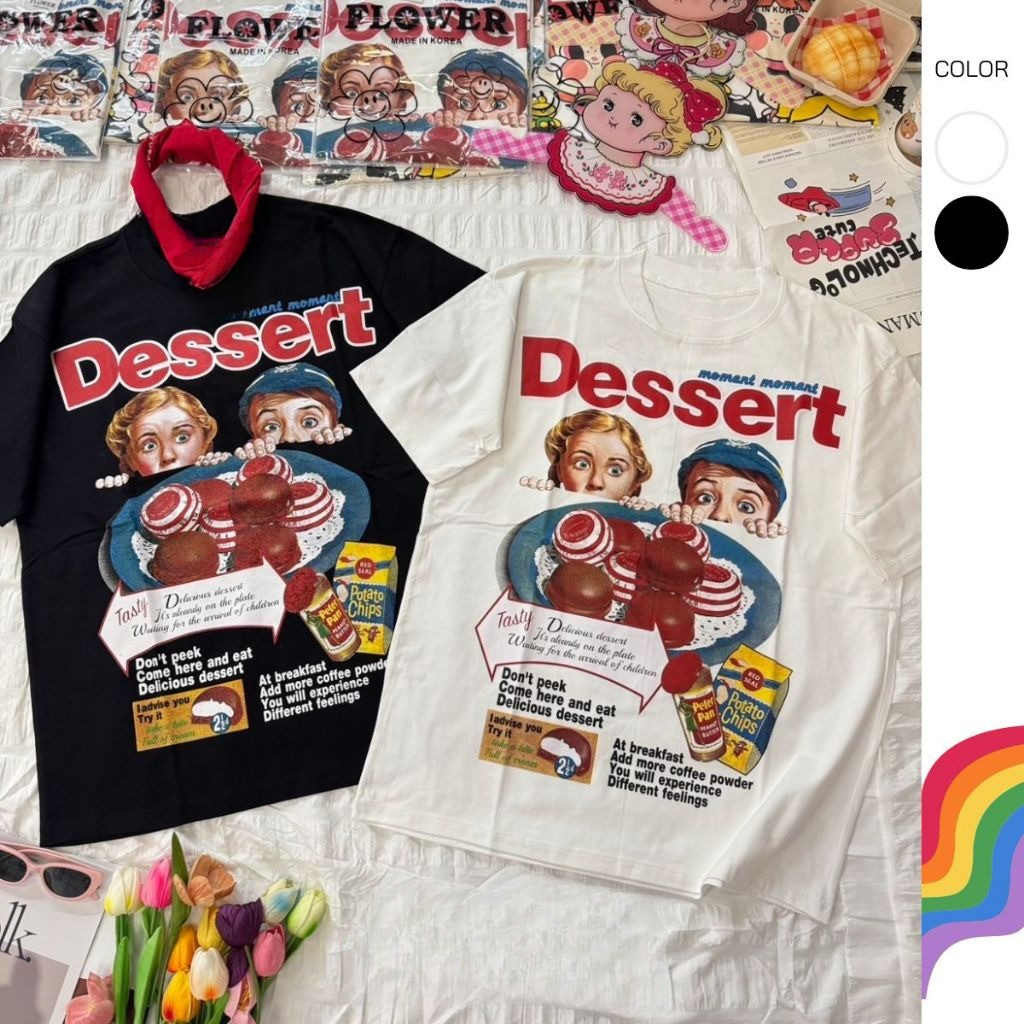 COD✅ (จัดส่งในกรุงเทพฯ) MAO Shop เสื้อยืด Oversize กินขนม Dessert ป้าย เสื้อผ้าแฟชั่นผู้หญิง-A15