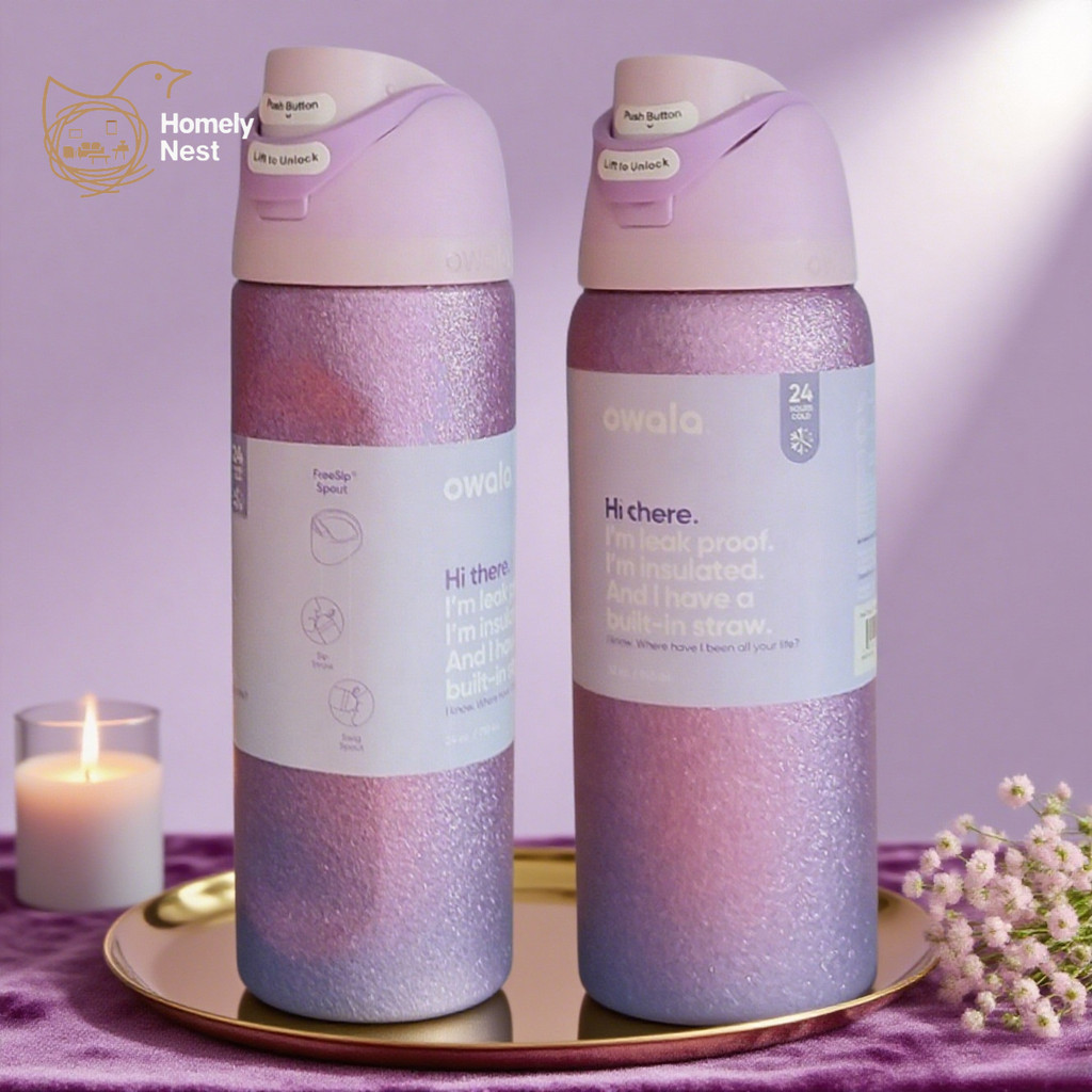 Owala FreeSip Tumbler Glitter สีม่วง 24oz 32oz สแตนเลสถ้วยสูญญากาศ Leakproof ฟางฝาปิด Cold Retention Sport & Office ขวดน้ํา BPA-Free
