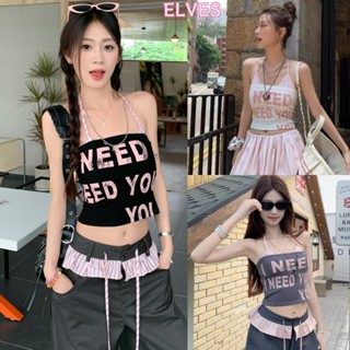 Elves พร้อมส่ง💟เสื้อเกาะอกลายอังกฤษเซ็ตกับบราสีชมพูลายเส้น น…