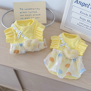 ชุดเดรสฟองหัวใจสีเหลืองสําหรับแมวสุนัขตัวเล็กฤดูร้อนบาง Bich…