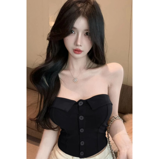 Retro สาวร้อนแฟชั่น All-Match Single-Breasted Tube Top เสื้อกั๊กผู้หญิงฤดูร้อน ins สวมใส่ด้านนอก Hal