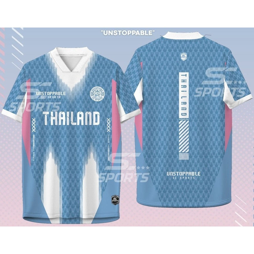 Suncolor mall เสื้อกีฬา พิมพ์ลายทั้งตัว  คอวีตัด ใส่ วิ่ง เที่ยว หรือทำงานก็เท่ รุ่น PL-05-ฟ้า-ชมพู