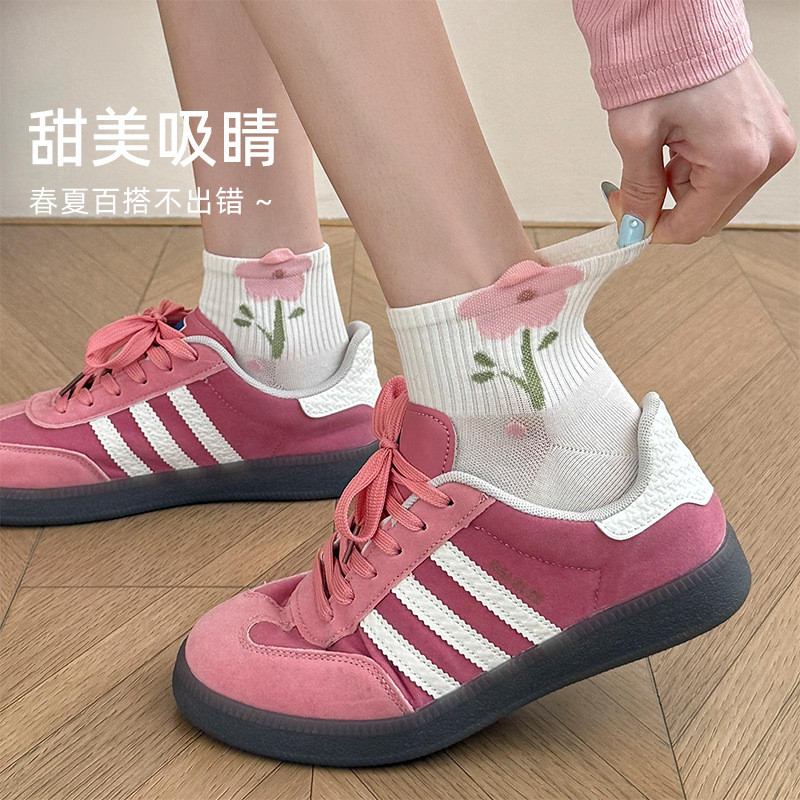 ถุงเท้าผู้หญิงบางสีเบจลายทิวลิปโบว์น่ารักสไตล์ญี่ปุ่นสําหร รูปที่ 8