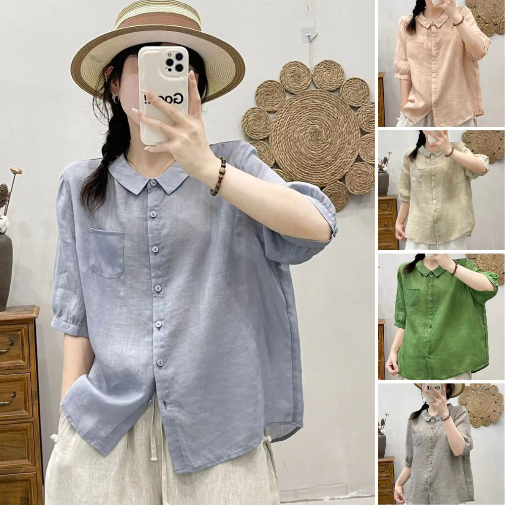 เสื้อผ้าฝ้ายลินินผู้หญิง สไตล์ใหม่ สบายๆ ลายเรียบง่าย แขนสั้น สำหรับฤดูร้อน