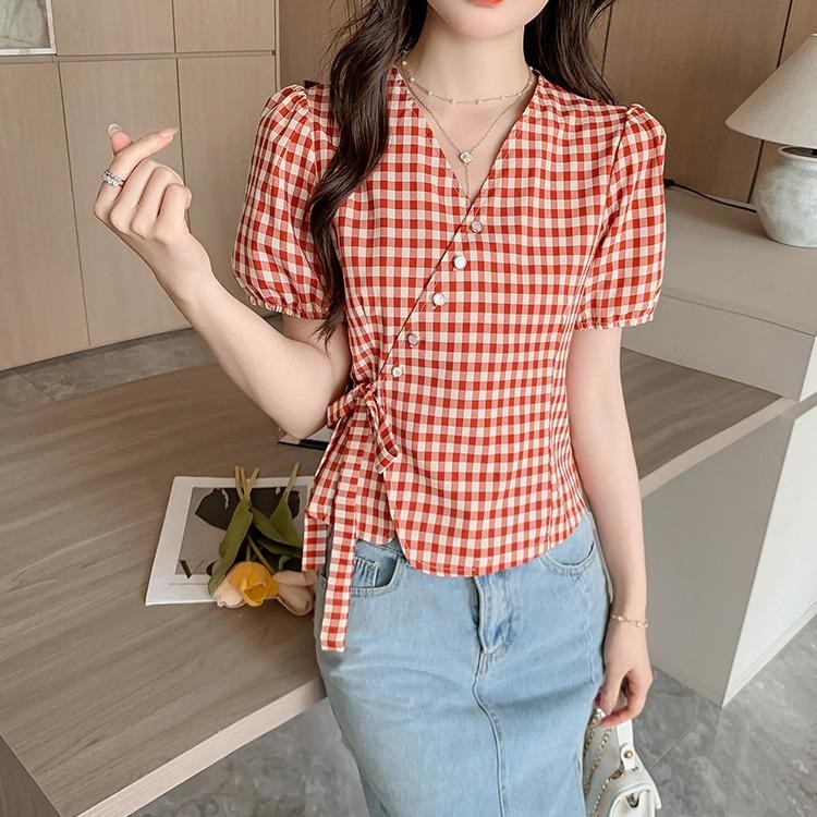 เสื้อเชิ้ตแขนพองลายสก็อตหวานๆ สดใหม่ สำหรับผู้หญิง 2025 เสื้อเชิ้ตรัดรูปเข้ารูปฤดูร้อนใหม่99162 ราคา ถูกที่สุด ดีลบีเคเค แกลเลอรีภาพที่ 9