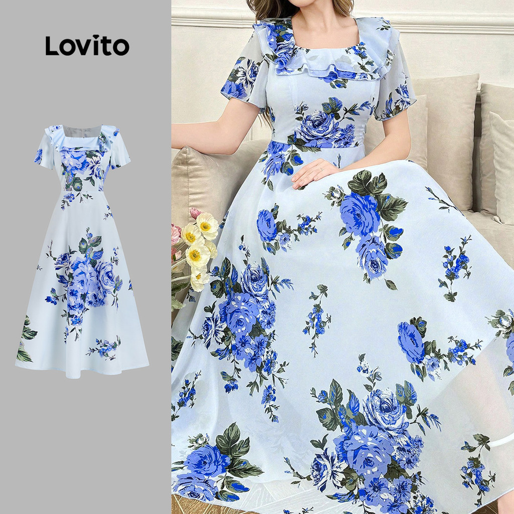 (New) Lovito ชุดเดรสลายดอกไม้แบบสบาย ๆ พร้อมระบายสำหรับหญิงสาวในฤดูใบไม้ผลิ/ฤดูร้อน L150ED610