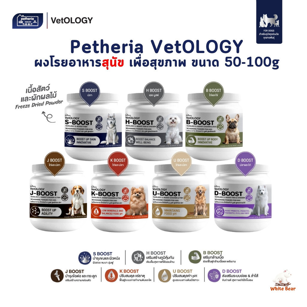 Petheria Vetology ผงโรยอาหารสุนัข เพื่อสุขภาพ ขนาด 50-100 กรัม