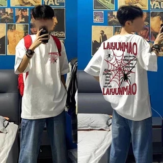 เสื้อยืดแขนสั้นลายแมงมุมหนัก สำหรับผู้ชายและผู้หญิง ทรงหลวม สไตล์อเมริกัน 220gเสื้อยืดผ้าฝ้ายแท้