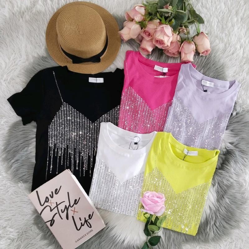 เสื้อยืดแขนสั้นผู้หญิง เพชรบาร์หน้า รีดเพชรแน่นๆ ผู้หญิง