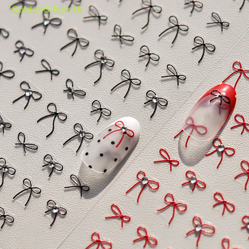 GoldenSilver 1pcs 3D ญี่ปุ่นโบว์เล็บสติกเกอร์แฟชั่นการ์ตูนขายสีดําสีขาวริบบิ้นตกแต่งเล็บ Decals DIY เล็บเครื่องมือ TH