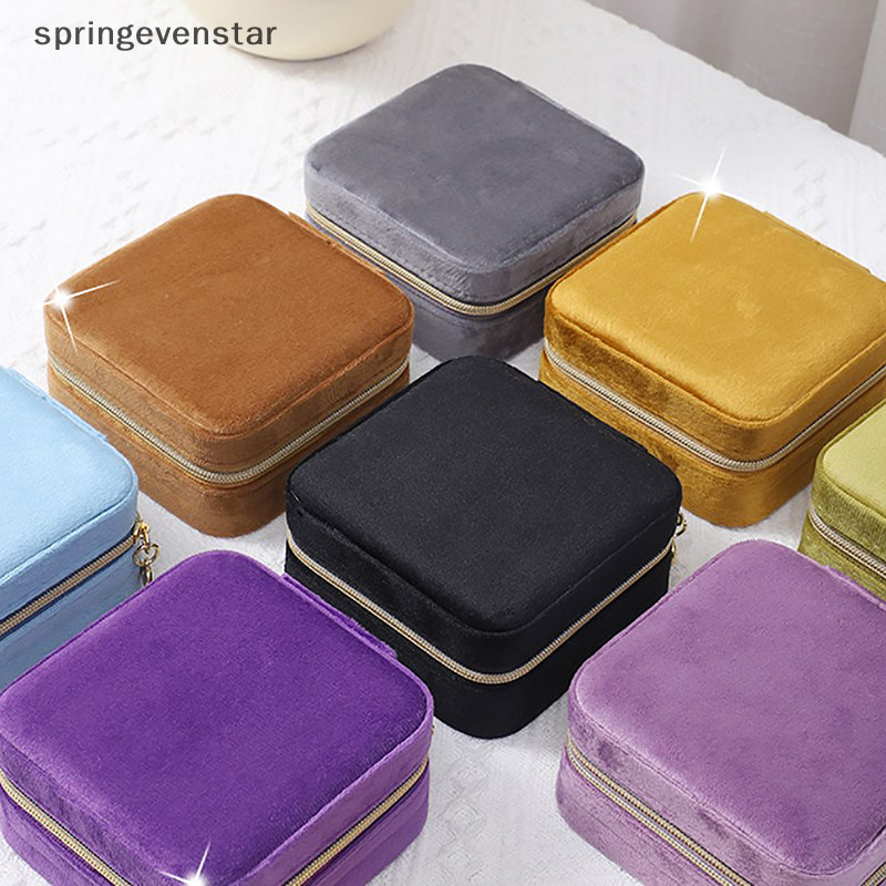 Springevenstar กล่องเครื่องประดับกํามะหยี่เดินทางแบบพกพา Flannel Square Zipper สไตล์ Jewellery Storage Case แฟชั่นผู้ถือของขวัญแหวนผู้ถือต่างหู Springevenstar