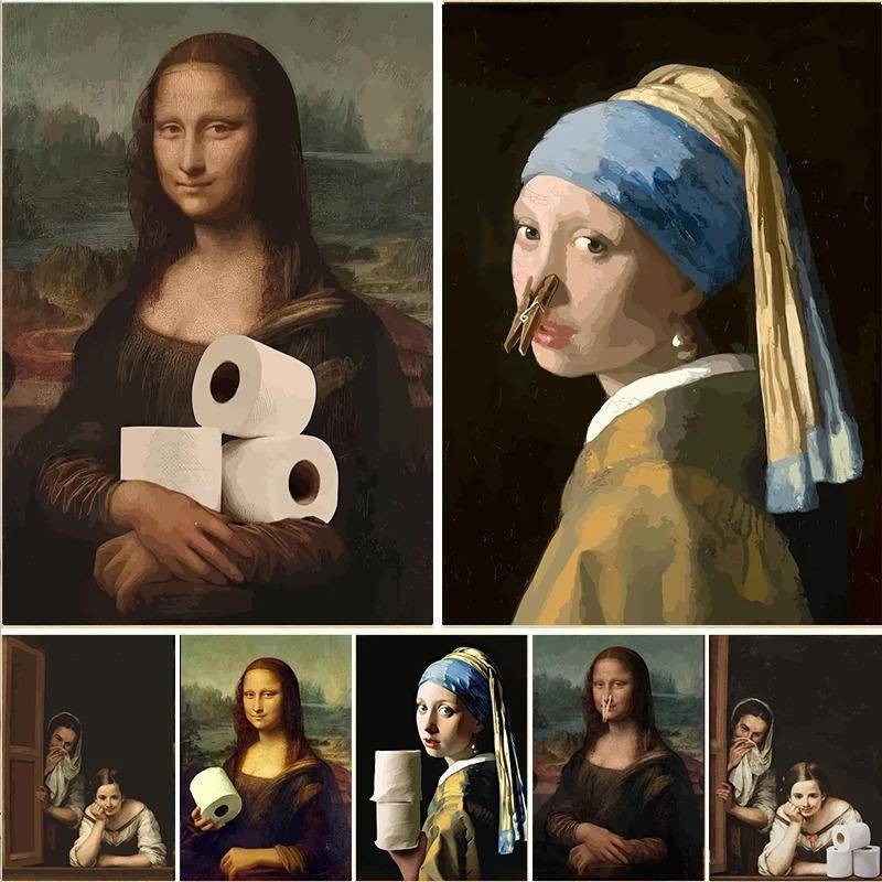 ตลกห้องน้ําห้องน้ําภาพวาดตกแต่ง Mona Lisa กระดาษผ้าใบพิมพ์โปสเตอร์ Home Wall Decor