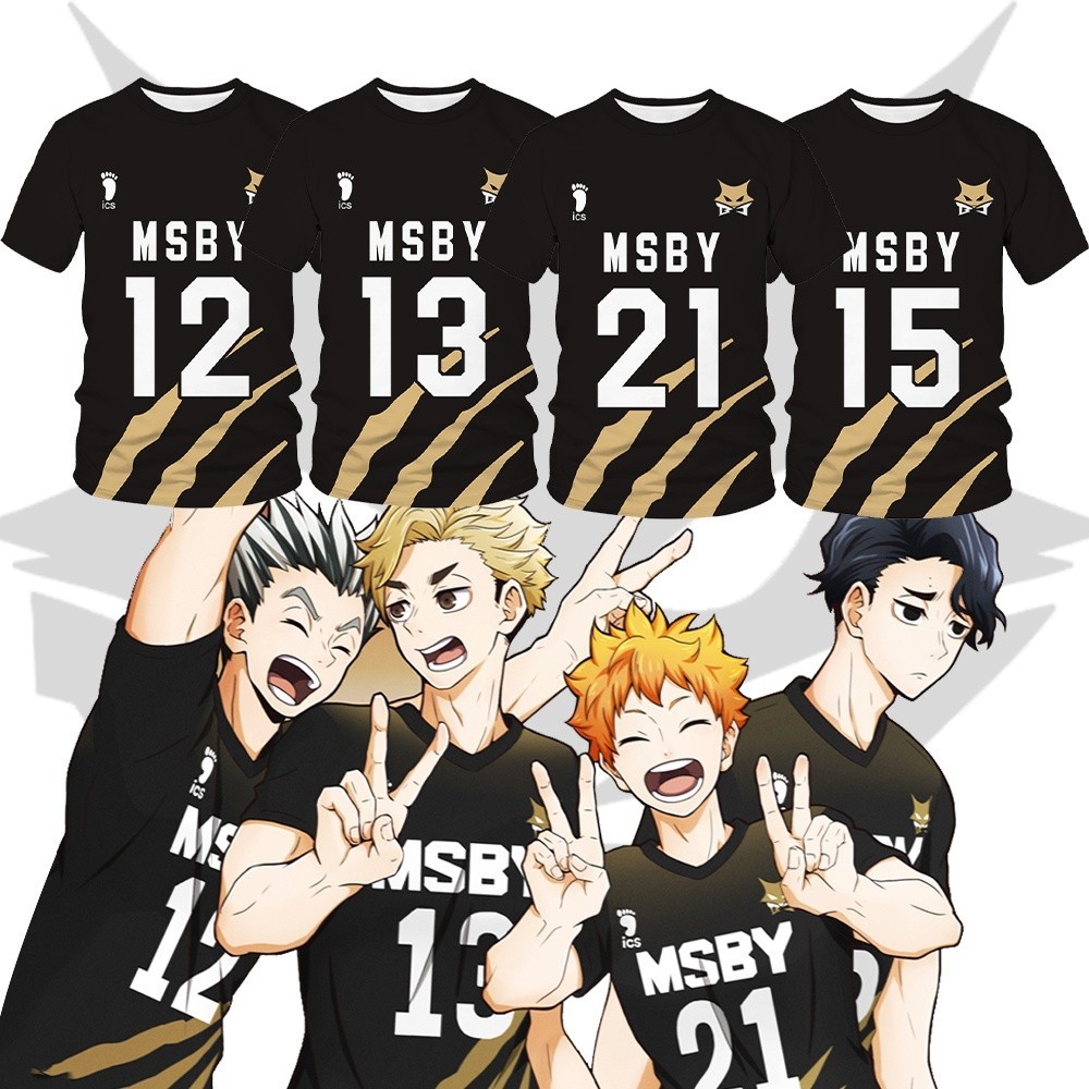 อะนิเมะ Haikyuu สีดํา MSBY Jackals Jersey 3D พิมพ์เสื้อยืดเล่นตามบทบาทเครื่องแต่งกาย Karasuno Shoyo แขนสั้น Sakusa HINATA BOKUTO ขนาดใหญ่ชุดกีฬาเสื้อยืดเครื่องแบบ se