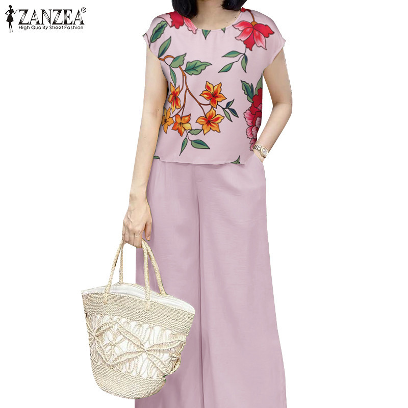 Zanzea ผู้หญิงเกาหลี Employment ดอกไม้พิมพ์กระเป๋าด้านข้าง Tops กางเกง