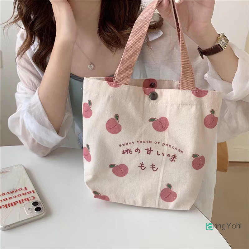 Aringyohi] ผ้าใบขนาดเล็กผู้หญิง Tote กระเป๋าอาหารญี่ปุ่นพีชมือถุงอาหารกลางวันเกาหลี Mini กระเป๋าถือนักเรียนผ้าฝ้ายผ้า Picnic Travel Bento ใหม่