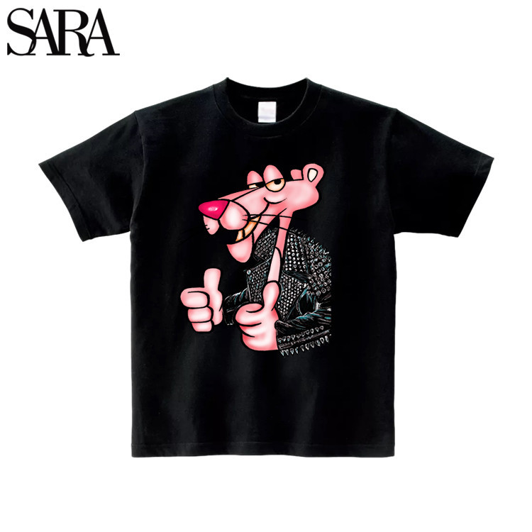 สไตล์ใหม่ Pink Panther เสื้อยืดแขนสั้นผู้ชายผู้หญิงคู่สวมผ้าฝ้ายแท้หลวม 717