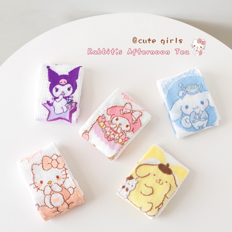 Hello Kitty Sanrio ถุงเท้ายาวสําหรับเด็กการ์ตูนน่ารัก Cinnamonroll My Melody Kuromi ถุงเท้าผ้าฝ้ายสําหรับเด็กถุงเท้ายืดเด็ก