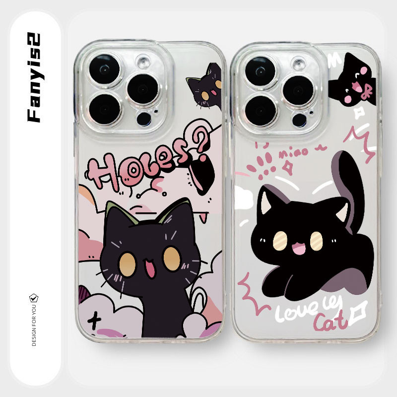 เข้ากันได้กับ iPhone 8 7 Plus 16 11 15 12 13 14 Pro Max X Xr Xs 14 Plus 6 6S SE 2020 ปลอกน่ารักการ์ตูนแมวดําเคสโทรศัพท์ Soft Clear Cover