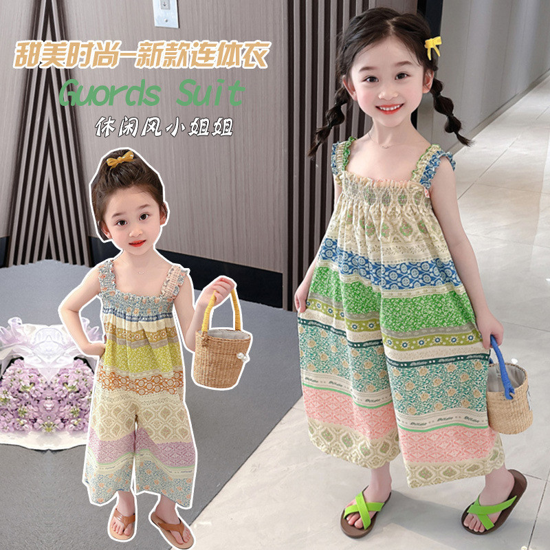 80-140เซนติเมตรสาวหวาน ชม. เปลี่ยนแปลง ดอกไม้เย็บปะติดปะต่อกันบอดี้สูทฤดูร้อนสาวน่ารักแขนกุดกางเกงขากว้างชุด