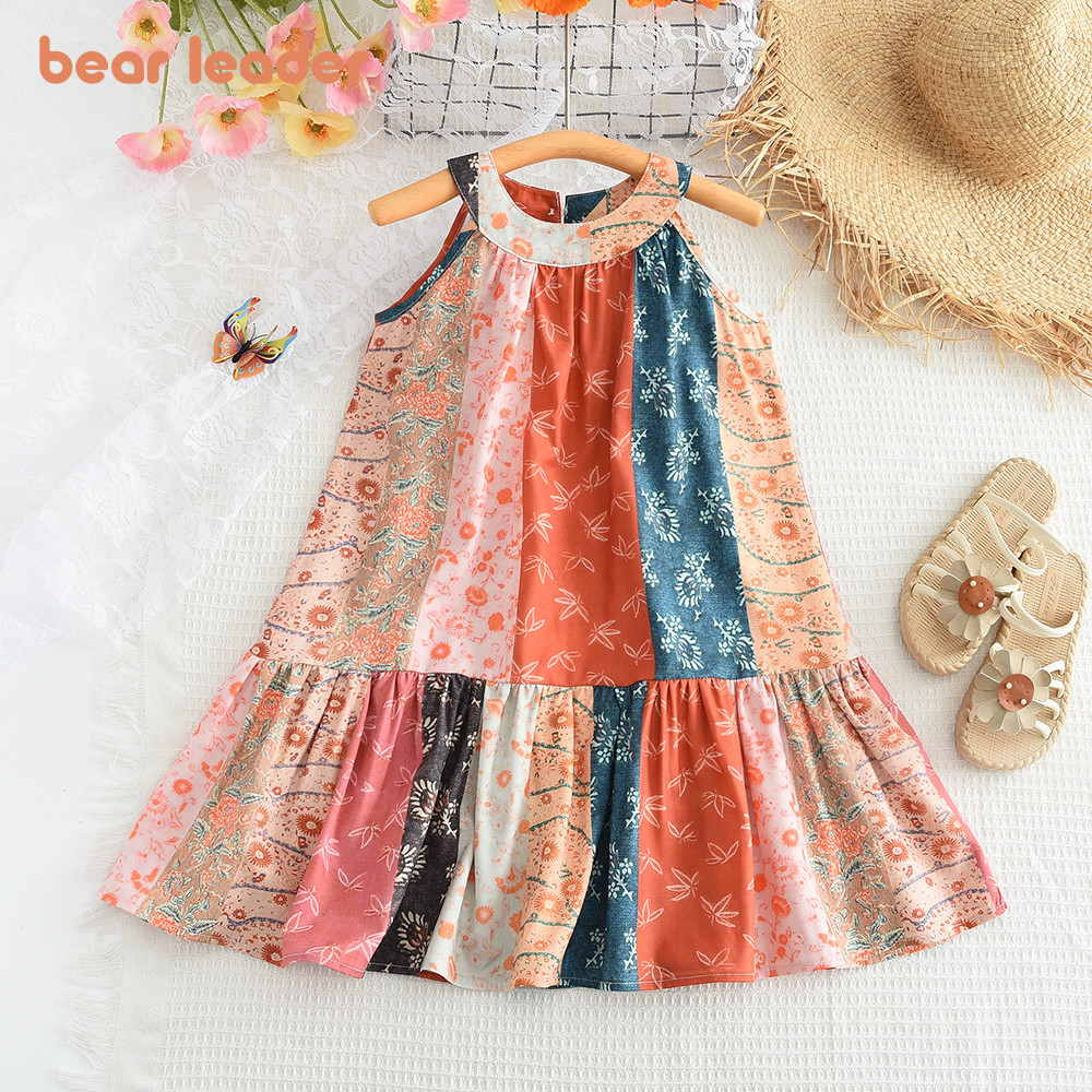 หมีผู้นํา3-7ปีเด็กสาวชุดดอกไม้สีบล็อกประกบแขนกุดคอแขวนเสื้อผ้าเด็กแฟชั่นฤดูร้อนพิมพ์เครื่องแต่งกาย