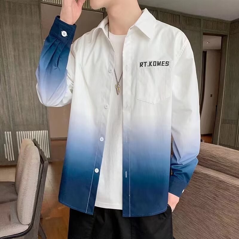 ฤดูใบไม้ผลิฤดูใบไม้ร่วงอินเทรนด์ อิน หลวมหล่อไล่โทนสีเสื้อเชิ้ตแขนยาวผู้ชาย