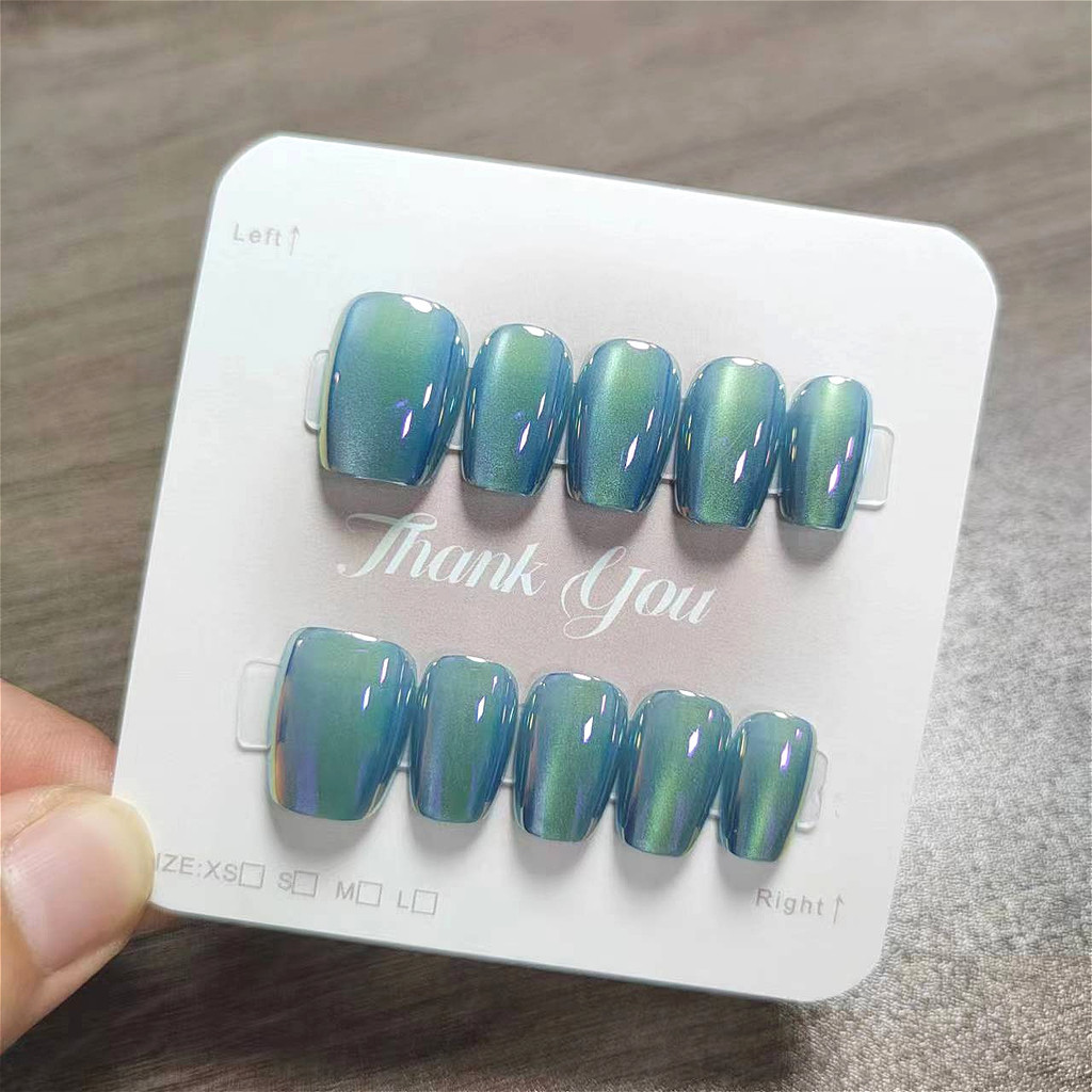 10pcs Cat Eye Handmade กดบนเล็บเล็บปลอมพร้อมสติกเกอร์กาว M002
