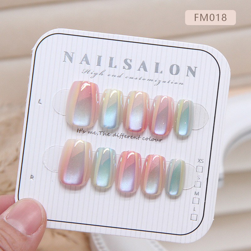 10pcs Cat Eye Handmade กดบนเล็บเล็บปลอมพร้อมสติกเกอร์กาว M010
