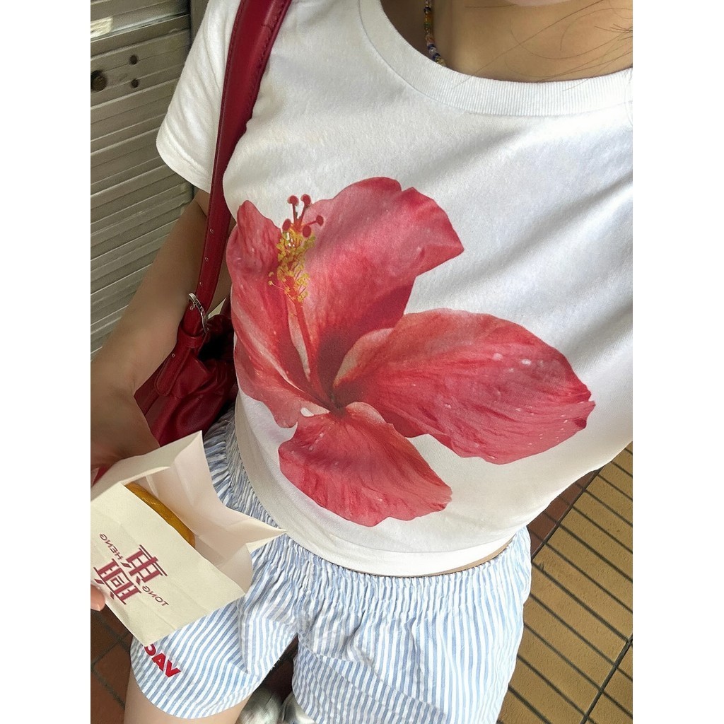 Nuziro Baby Tee -เสื้อยืดแขนสั้นพิมพ์ลายดอกไม้ฤดูร้อนใหม่แฟชั่นสําหรับผู้หญิง #005