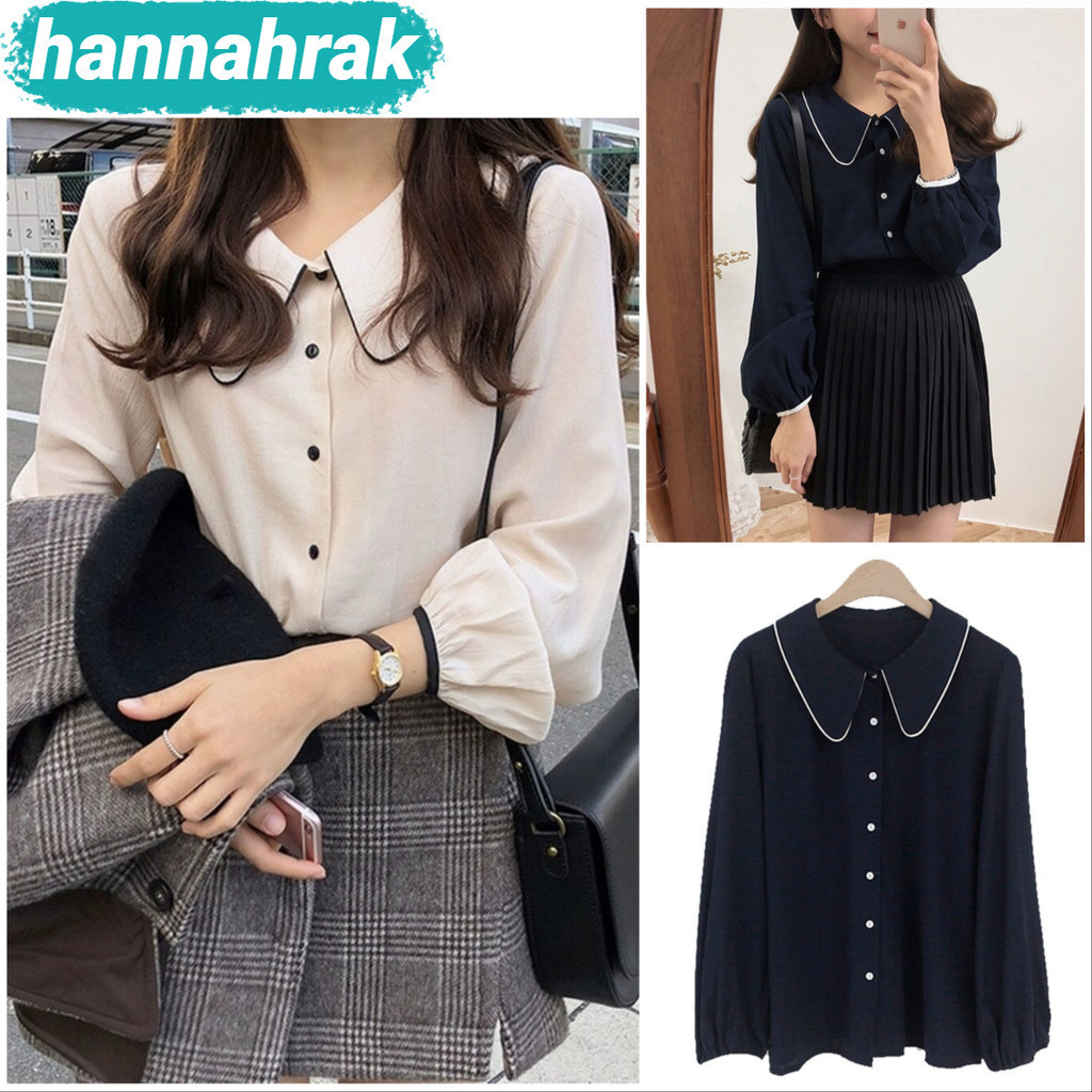 (ส่งจากกรุงเทพฯ)เสื้อเชิ้ตคอตุ๊กตาย้อนยุคผู้หญิงสีทึบเสื้อเชิ้ตแฟชั่นเกาหลีแขนยาว